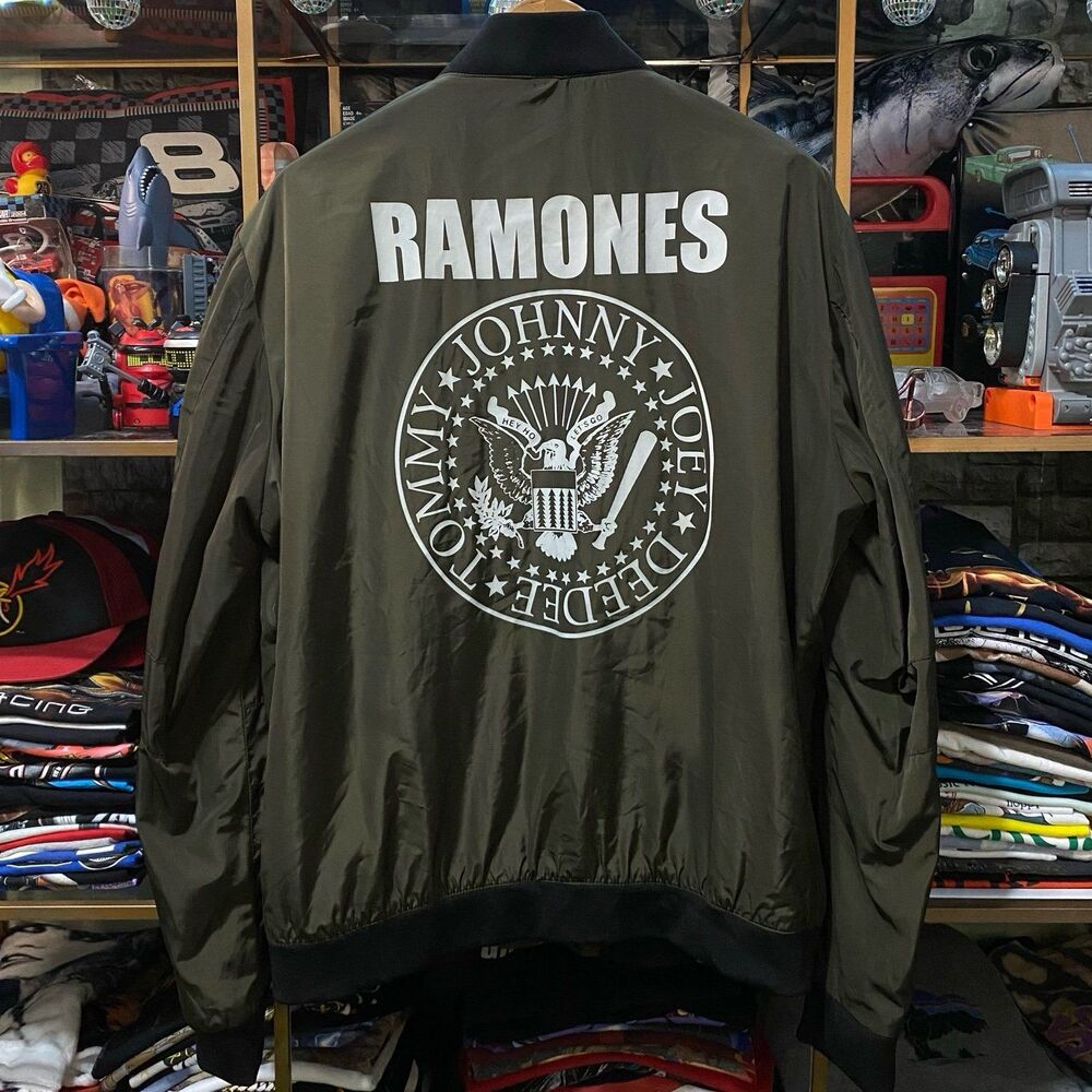 RARE Zara Man Ramones Punk Rock Olive Green Bomber Jacket XXL Hey Ho Lets Go